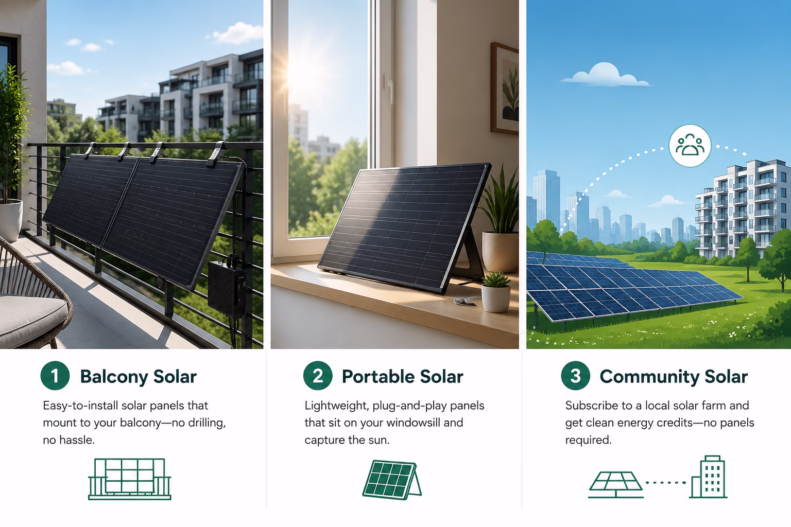 Three-panel comparison graphic: balcony solar kit, portable window panel, and community solar network